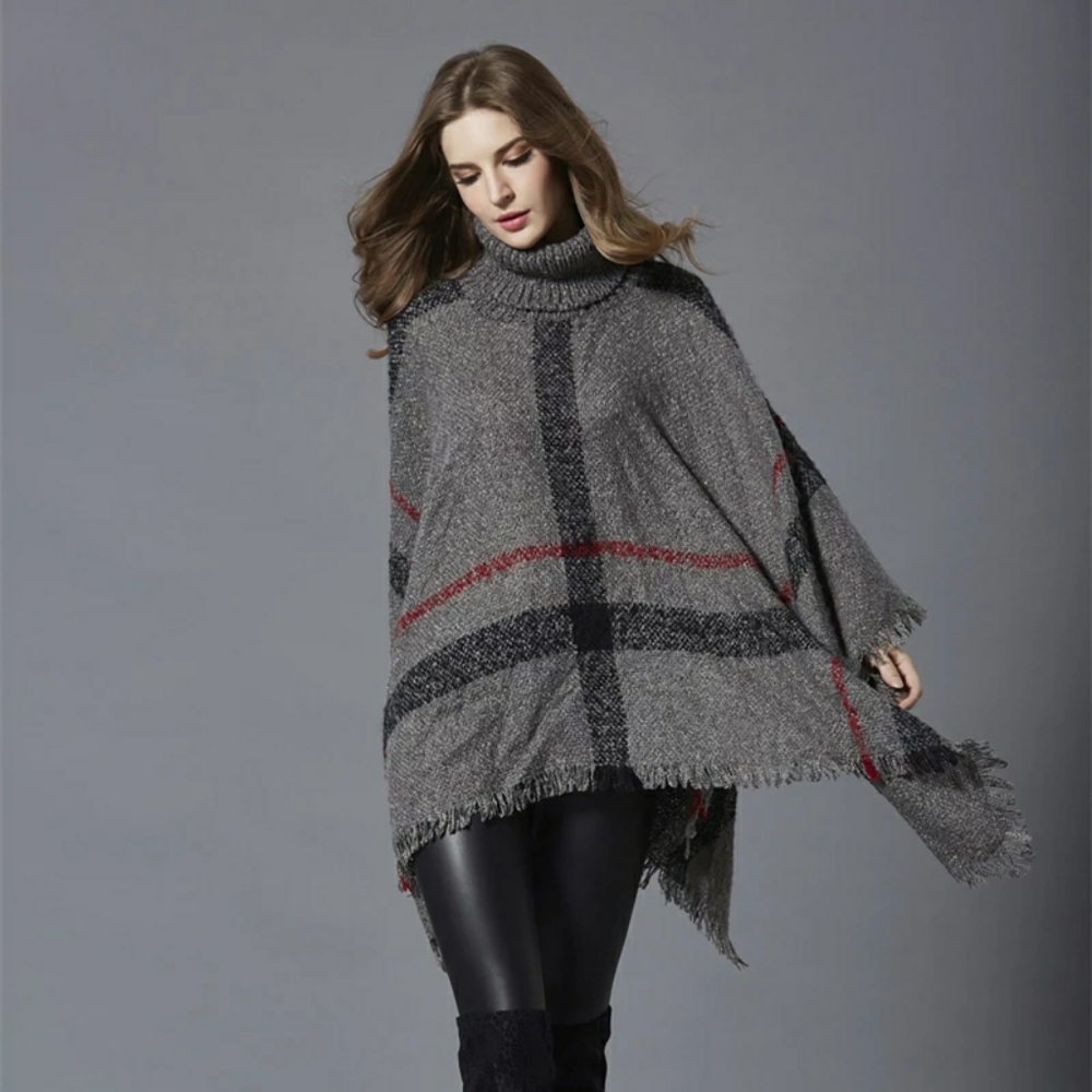 COZY PLAID PONCHO W/ TURTLENECK - Picture 3 of 16